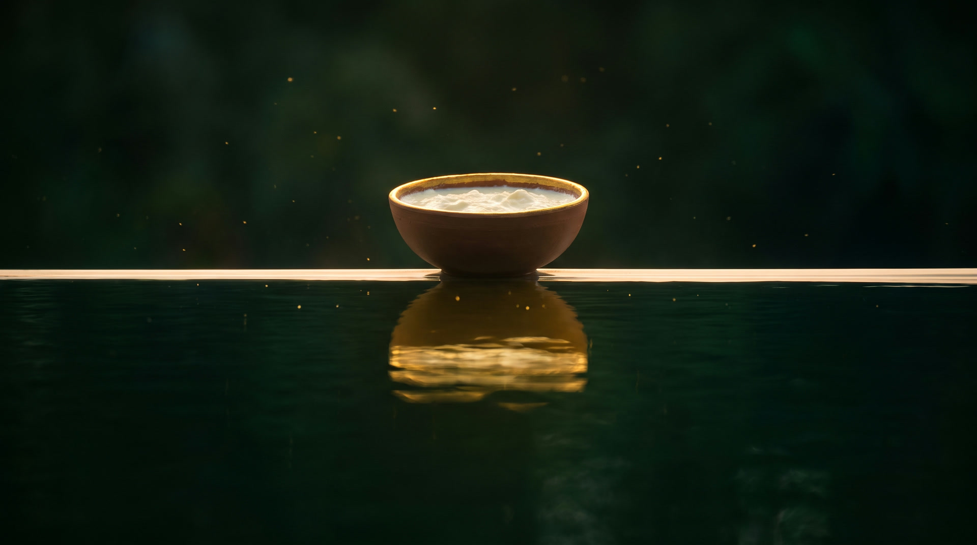 A small clay bowl of set curd resting on the line of light above still dark water.