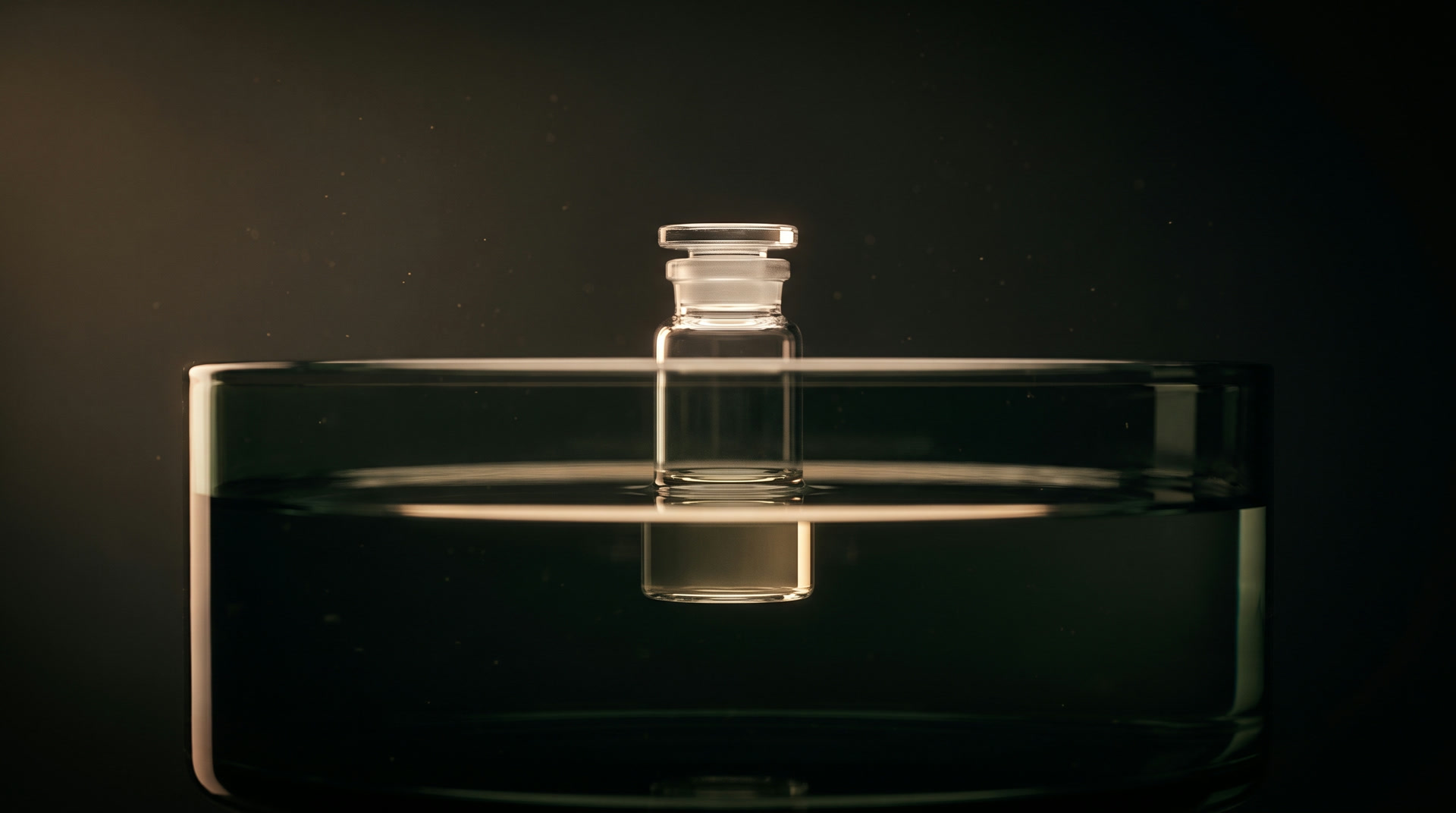 A glass test tube standing in shallow dark water, holding a little pale liquid.