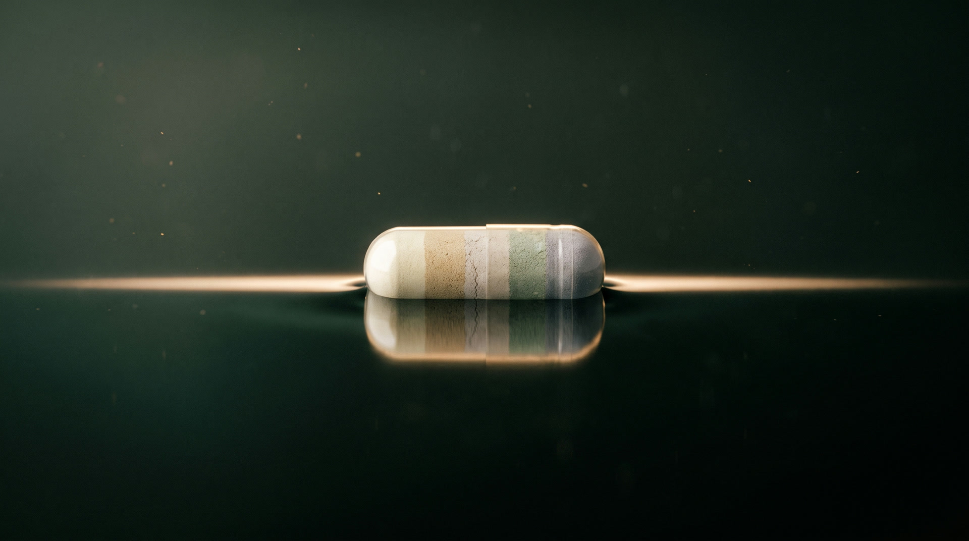 A clear capsule lying on still dark water, its shell holding five bands of different pale powders.