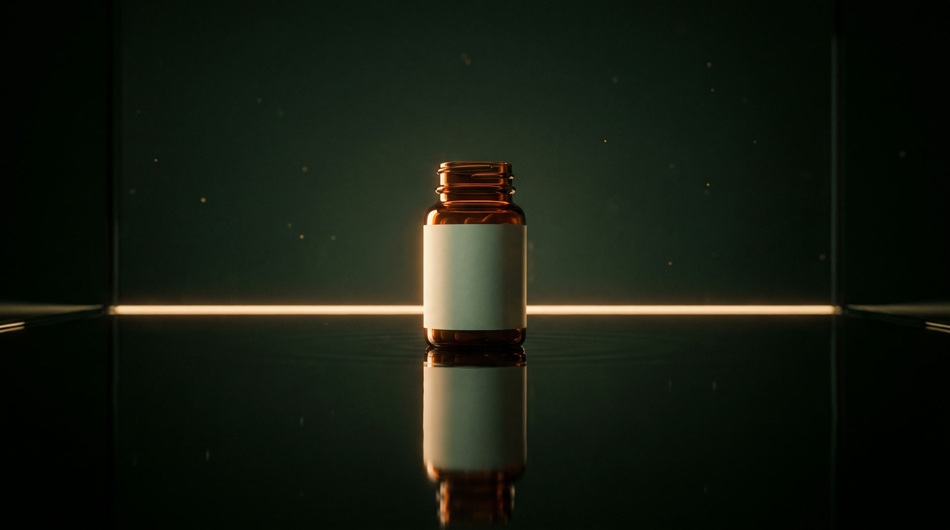 A small amber glass bottle with a blank label standing on still dark water.