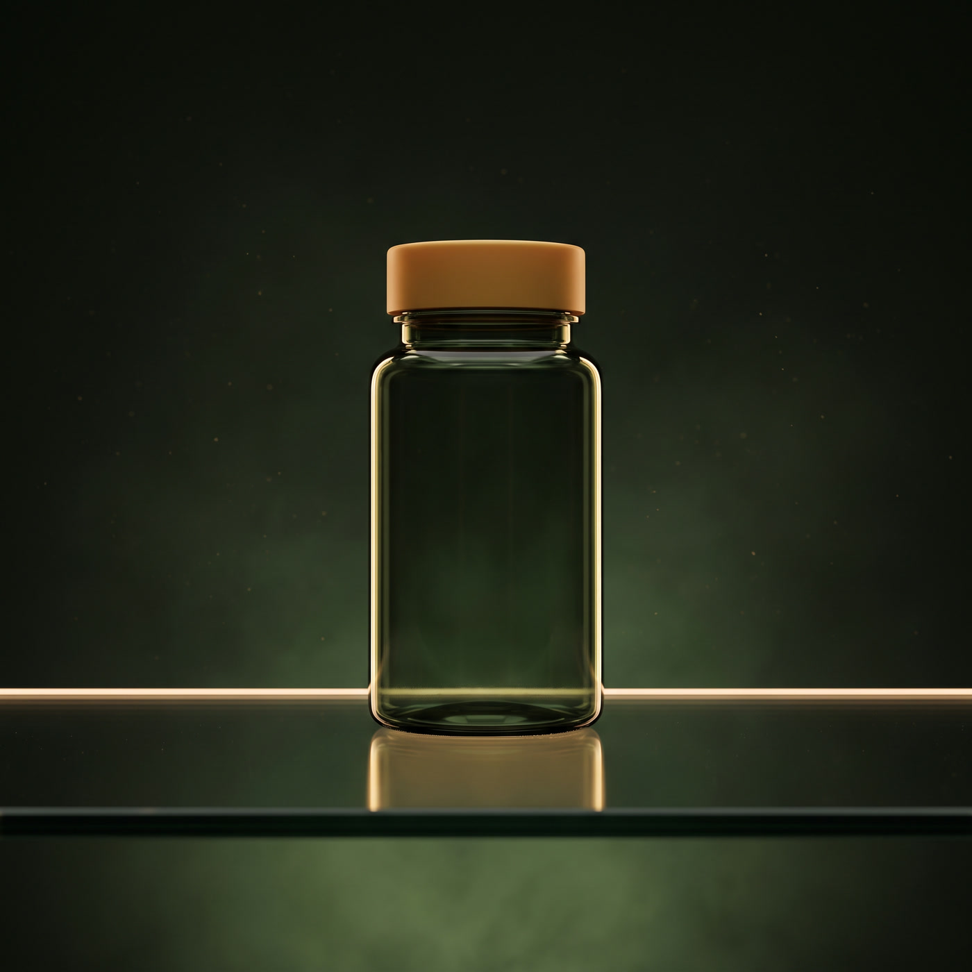 A small dark green glass bottle with a amber cap standing on the line of light.