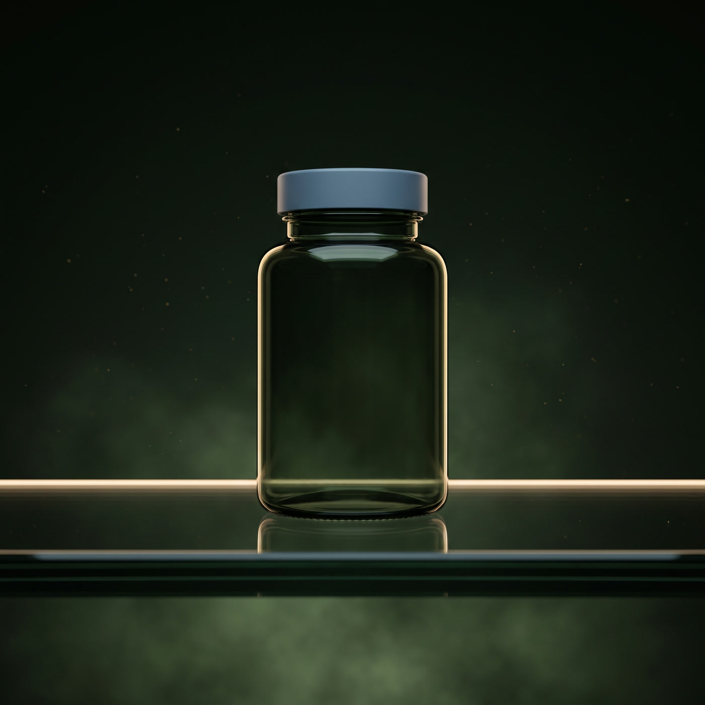 A small dark green glass bottle with a slate blue cap standing on the line of light.
