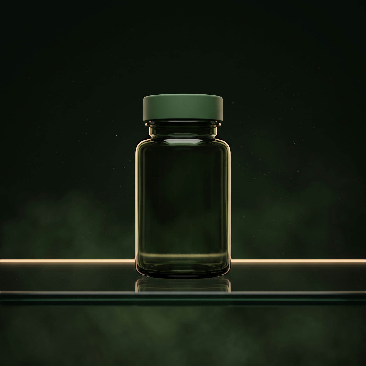 A small dark green glass bottle with a moss green cap standing on the line of light.