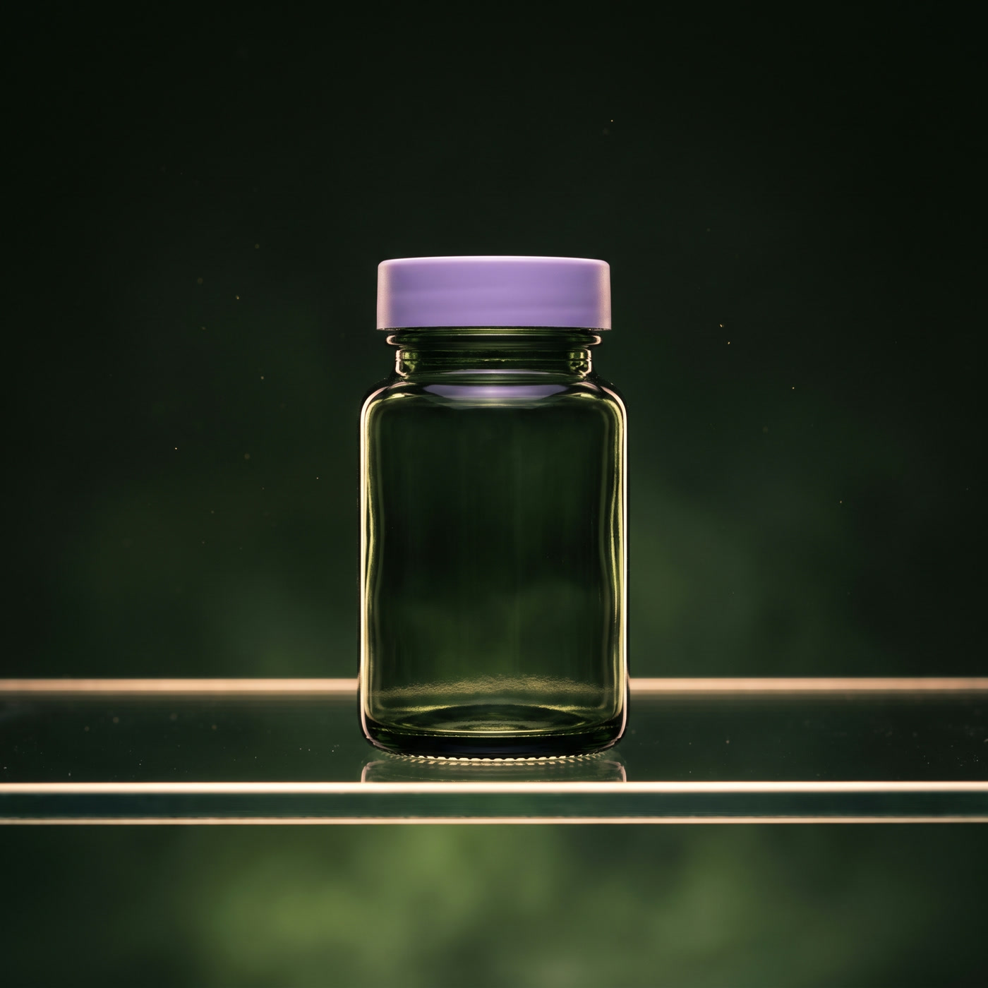 A small dark green glass bottle with a lavender cap standing on the line of light.