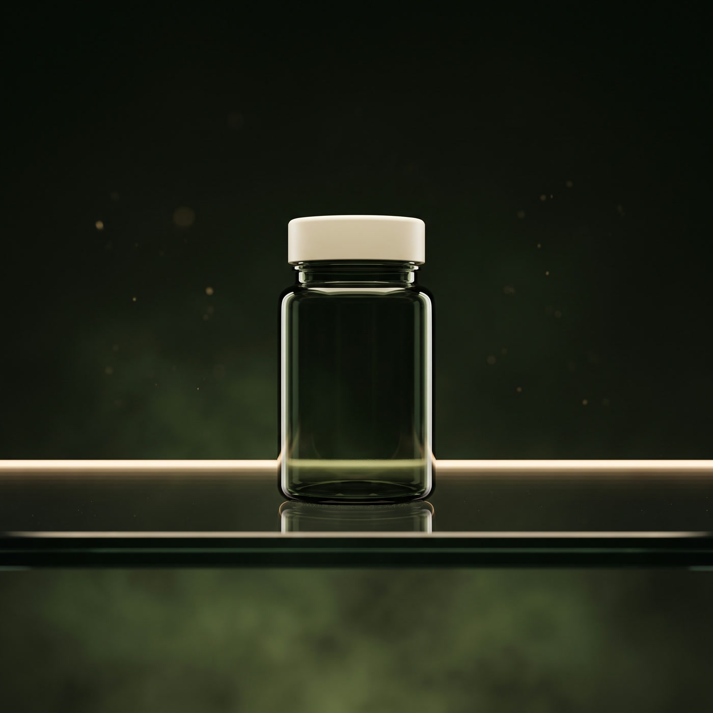 A small dark green glass bottle with a ivory cap standing on the line of light.