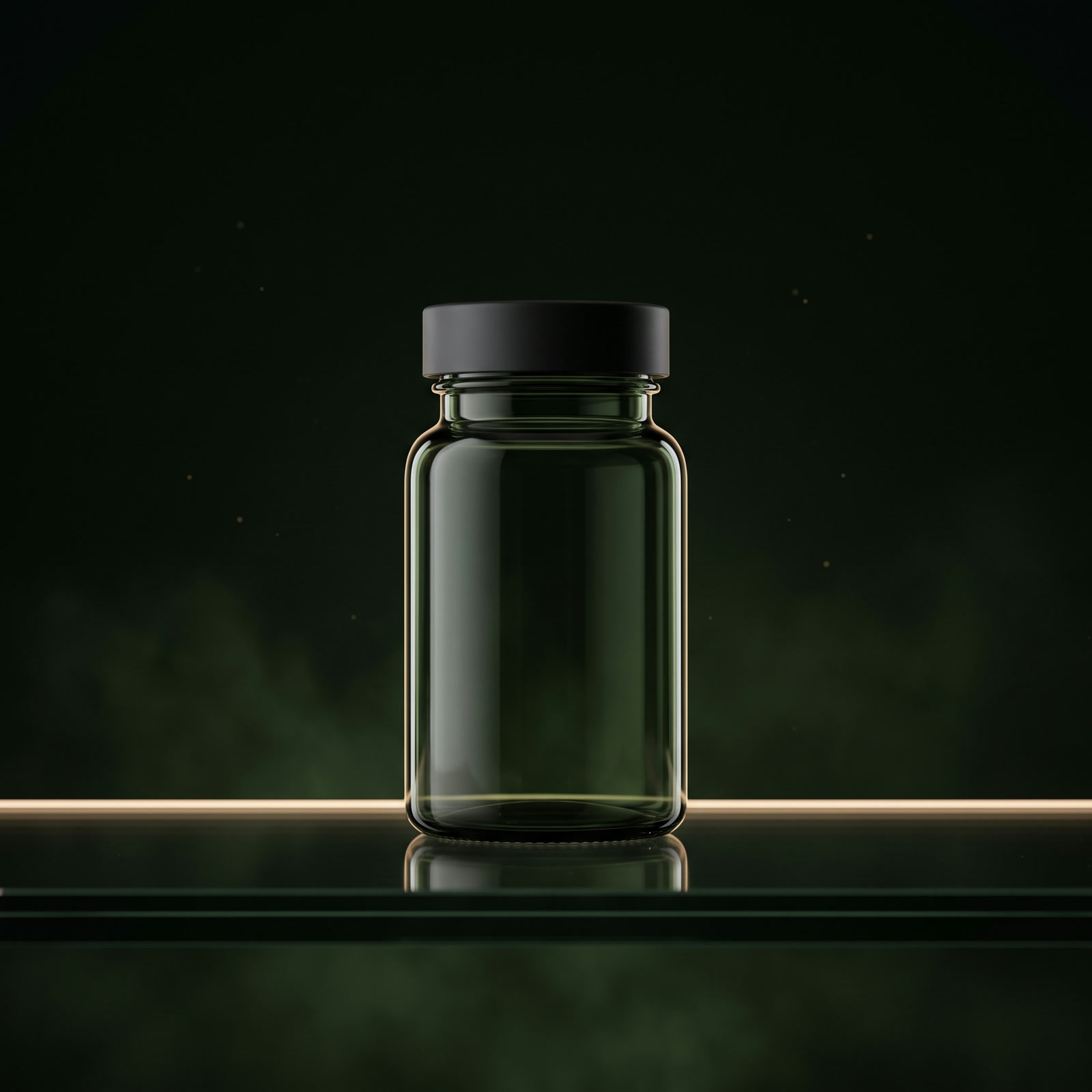 A small dark green glass bottle standing on the line of light.
