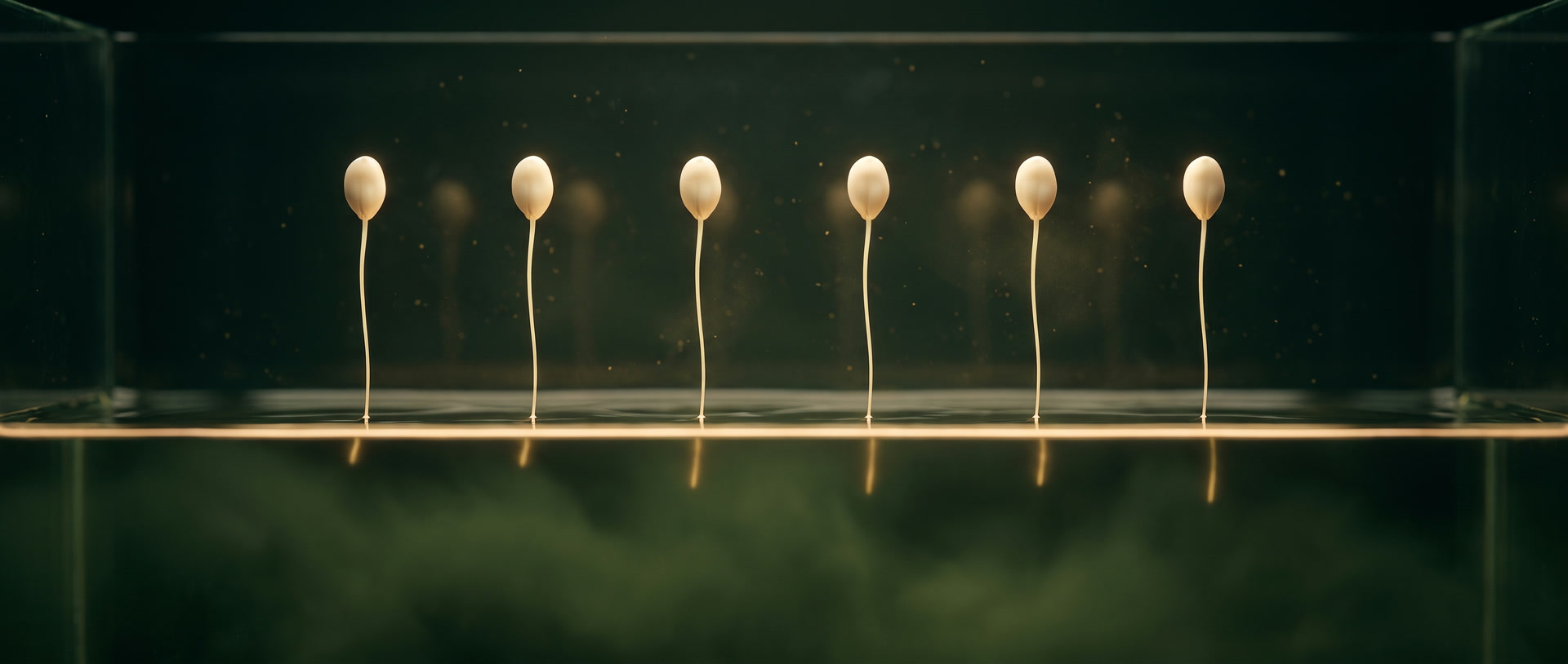 Six seeds in a row above the line of light, one root thread from each reaching down to it.